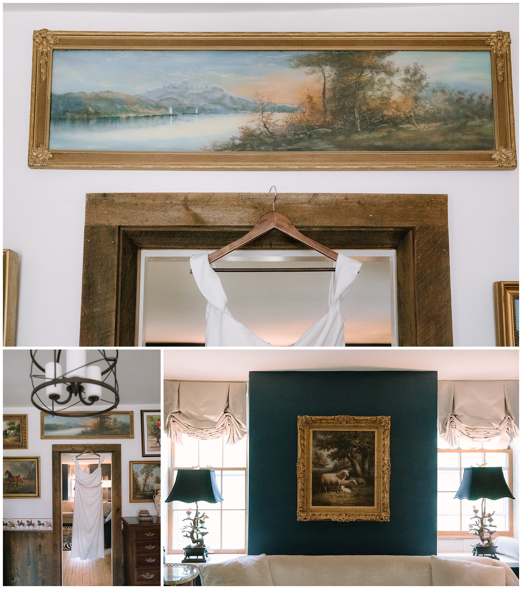 Stylistic picture of wedding dress details in an elegant country home