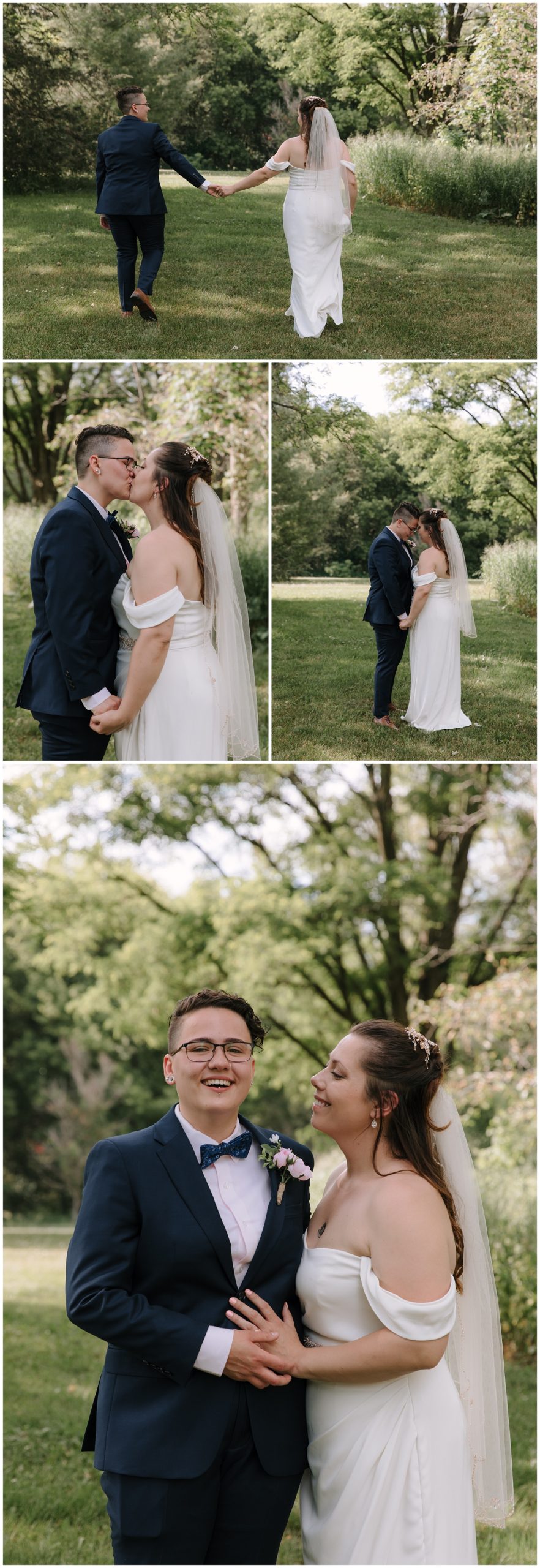 Two brides have an emotional moment after their wedding reception where they hug each other and tear up before taking pictures