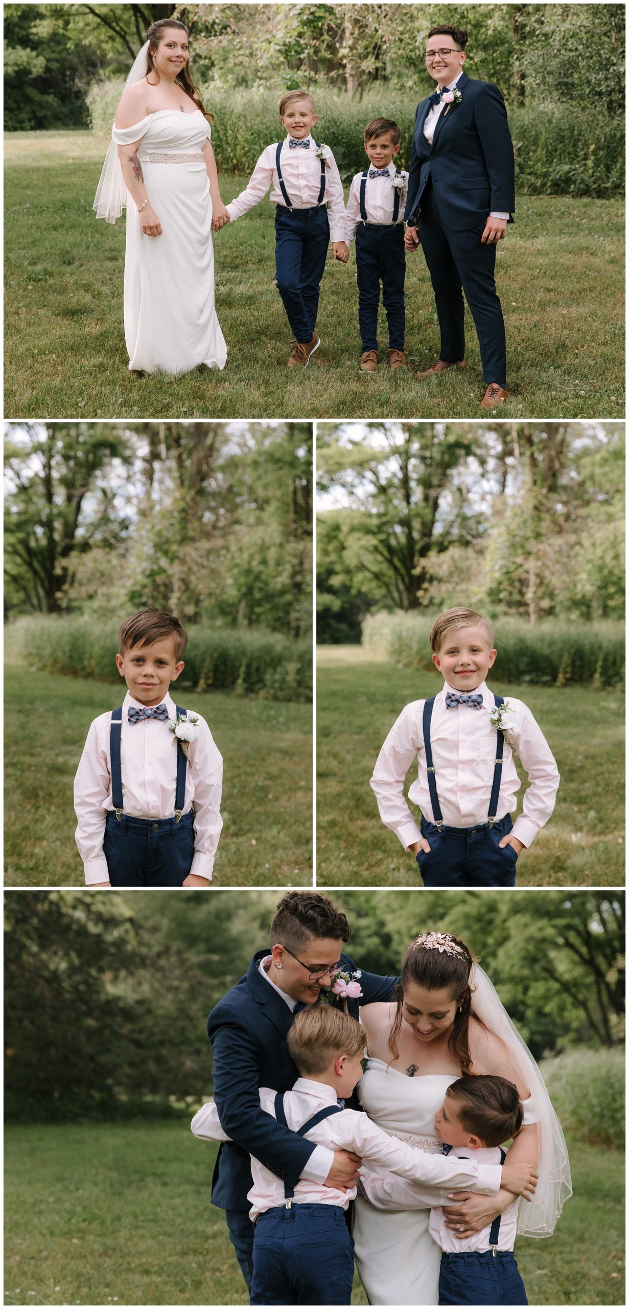 Two brides and their two young children take family wedding pictures