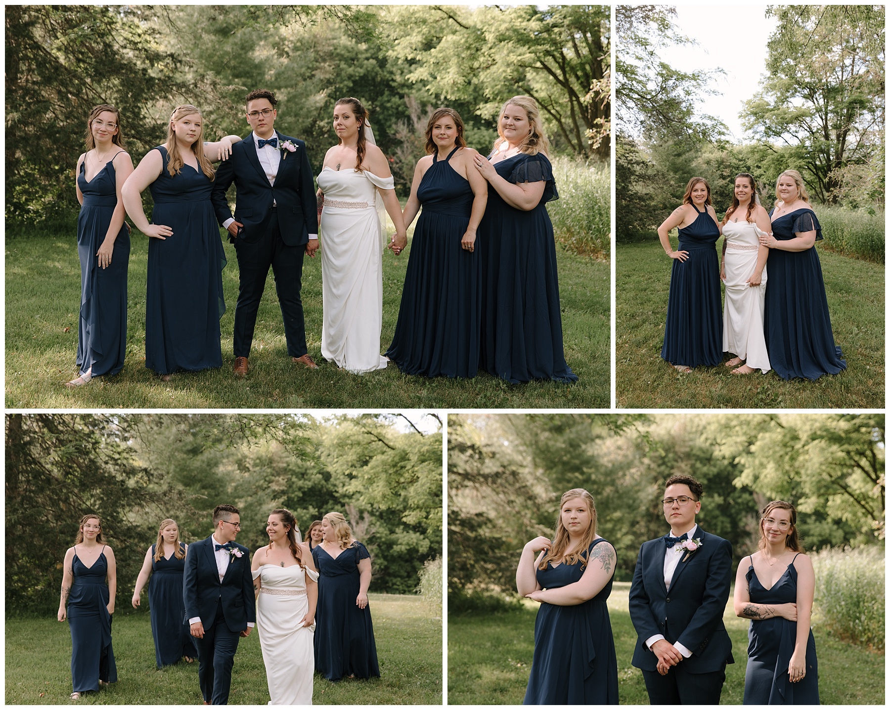 Two brides and bridesmaids pose for wedding party photos