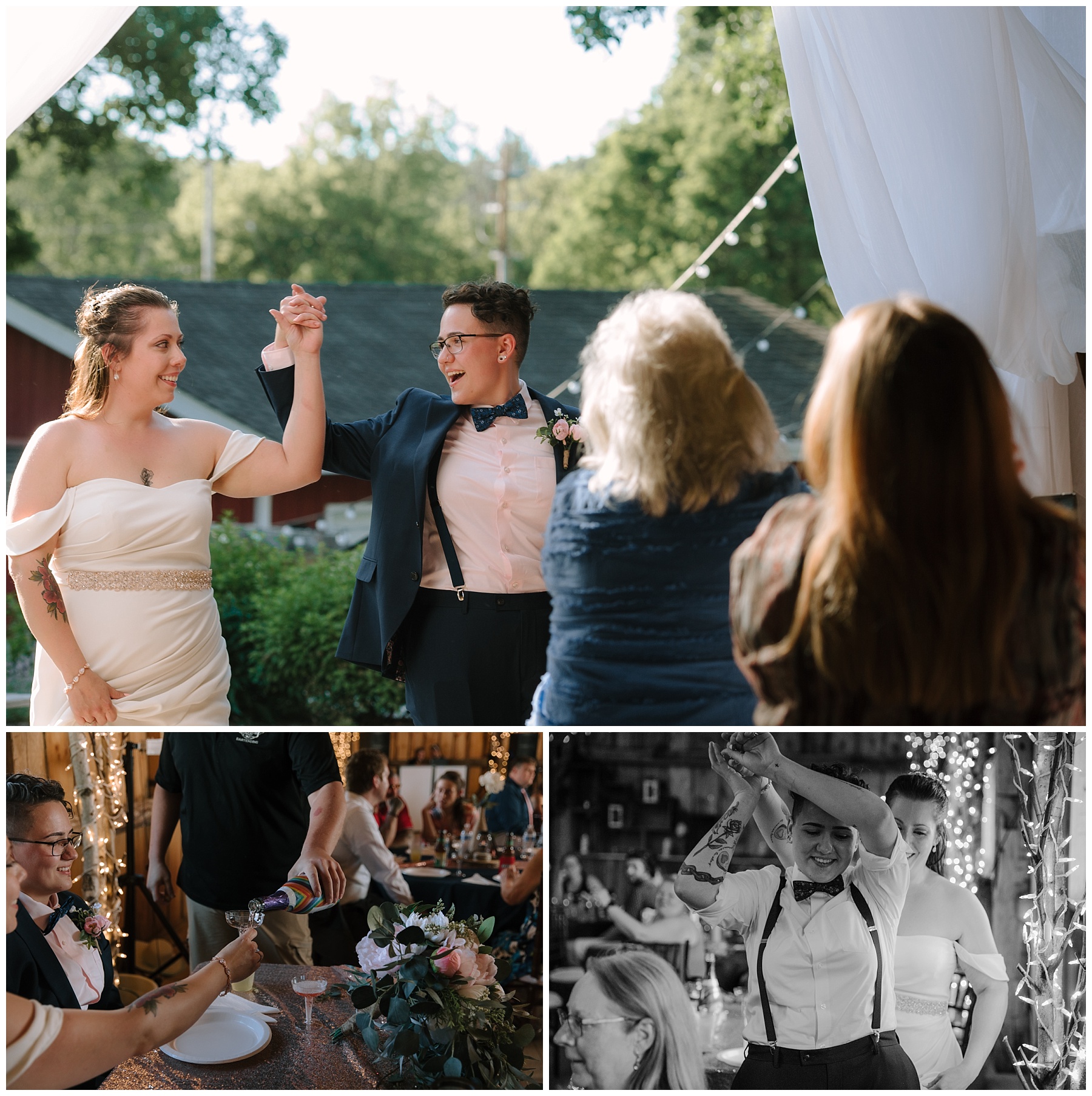 Two brides entering their grand march and opening a bottle of LGBTQ+ Pride champagne