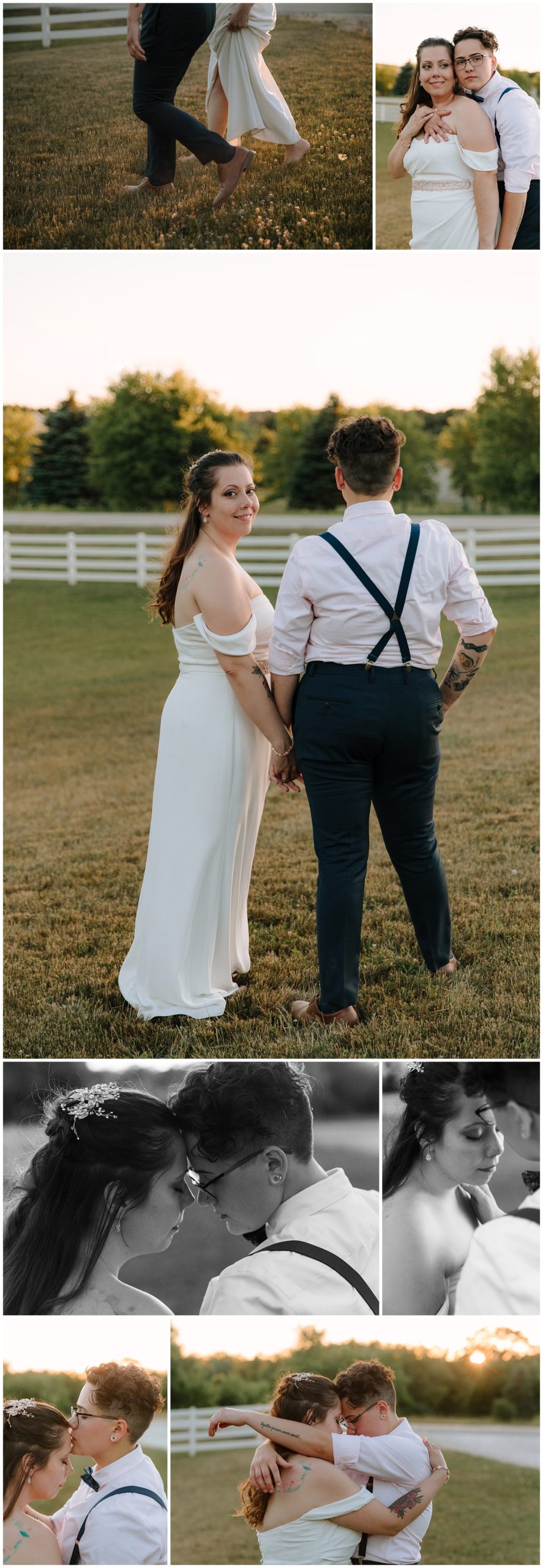 Two brides at sunset in an open field