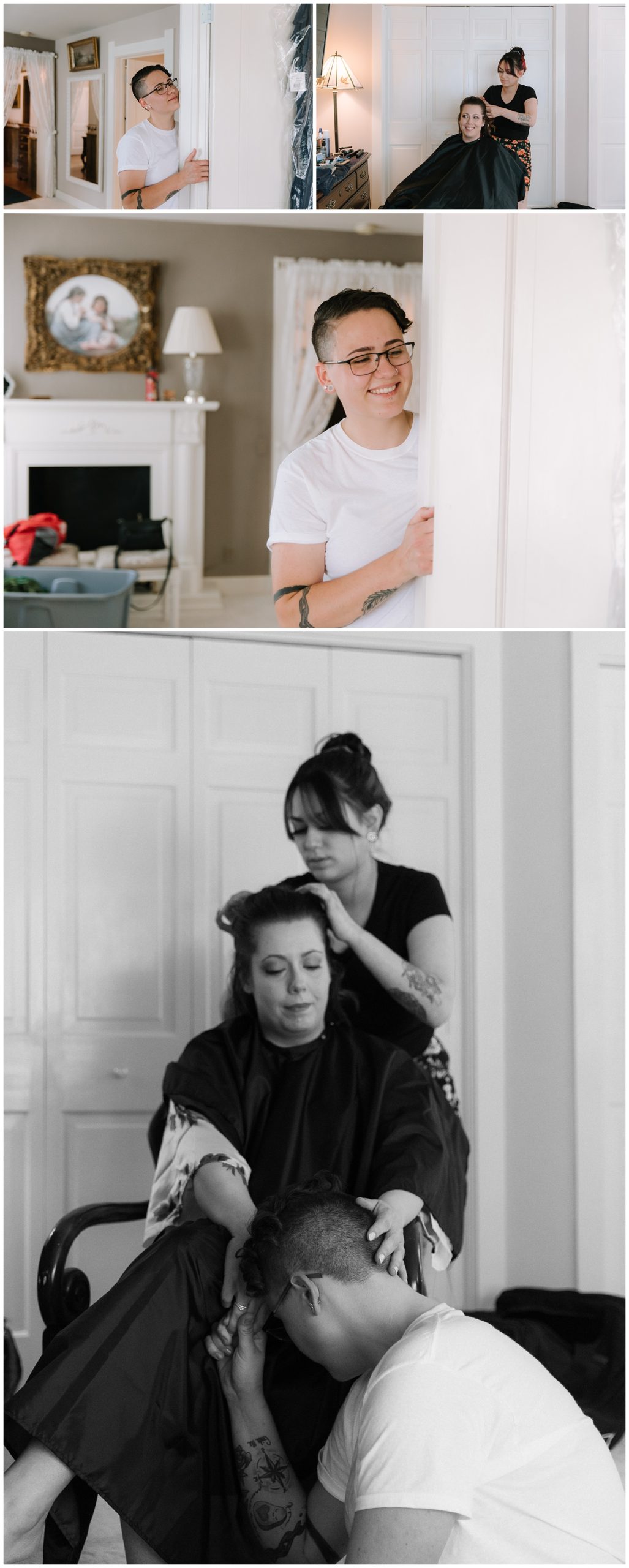 A sweet emotional moment between two brides where one bride is getting her hair done and the other bride peeks around the wall with her eyes closed so that the two can hold hands. One bride lays her head in the lap of the other bride and cries.