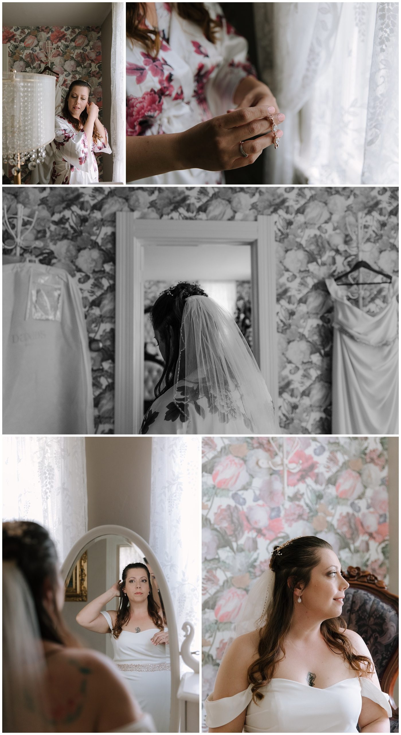 Bride in floral robe puts on her finishing touches before her wedding ceremony starts in front of floral wall paper