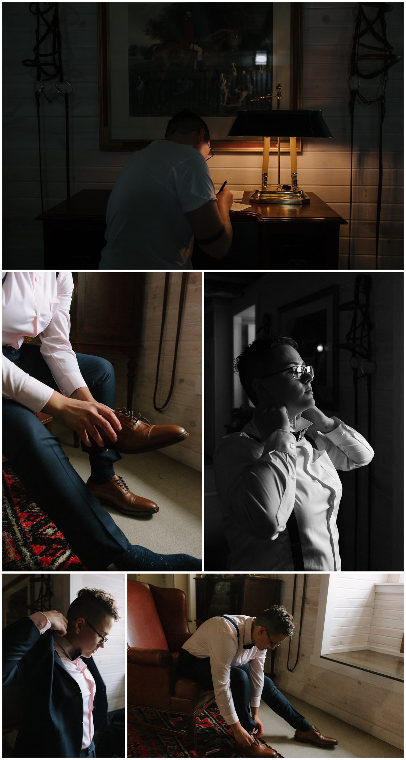 Bride wearing a navy suit preps for her wedding and writes her vows describing their sweet love story in moody lighting