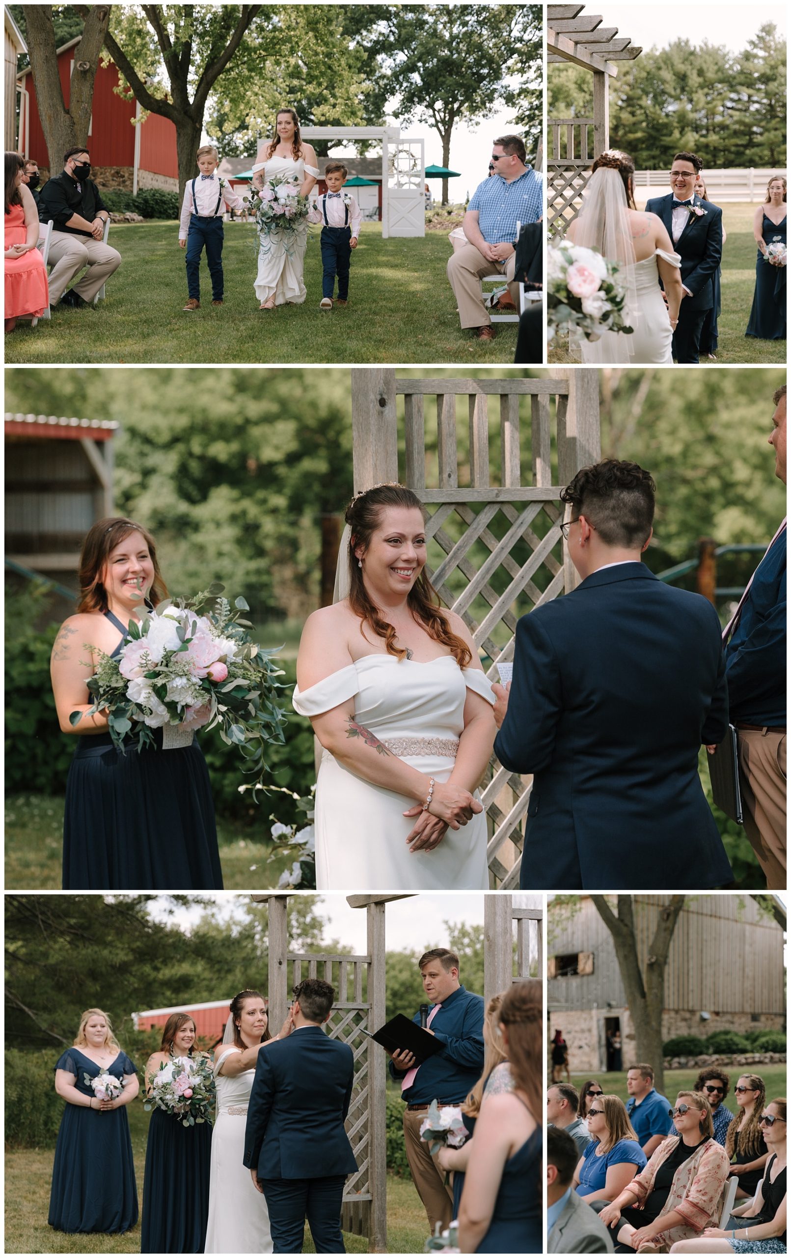 Wedding ceremony for two brides. One bride is walked down the aisle by her two young sons