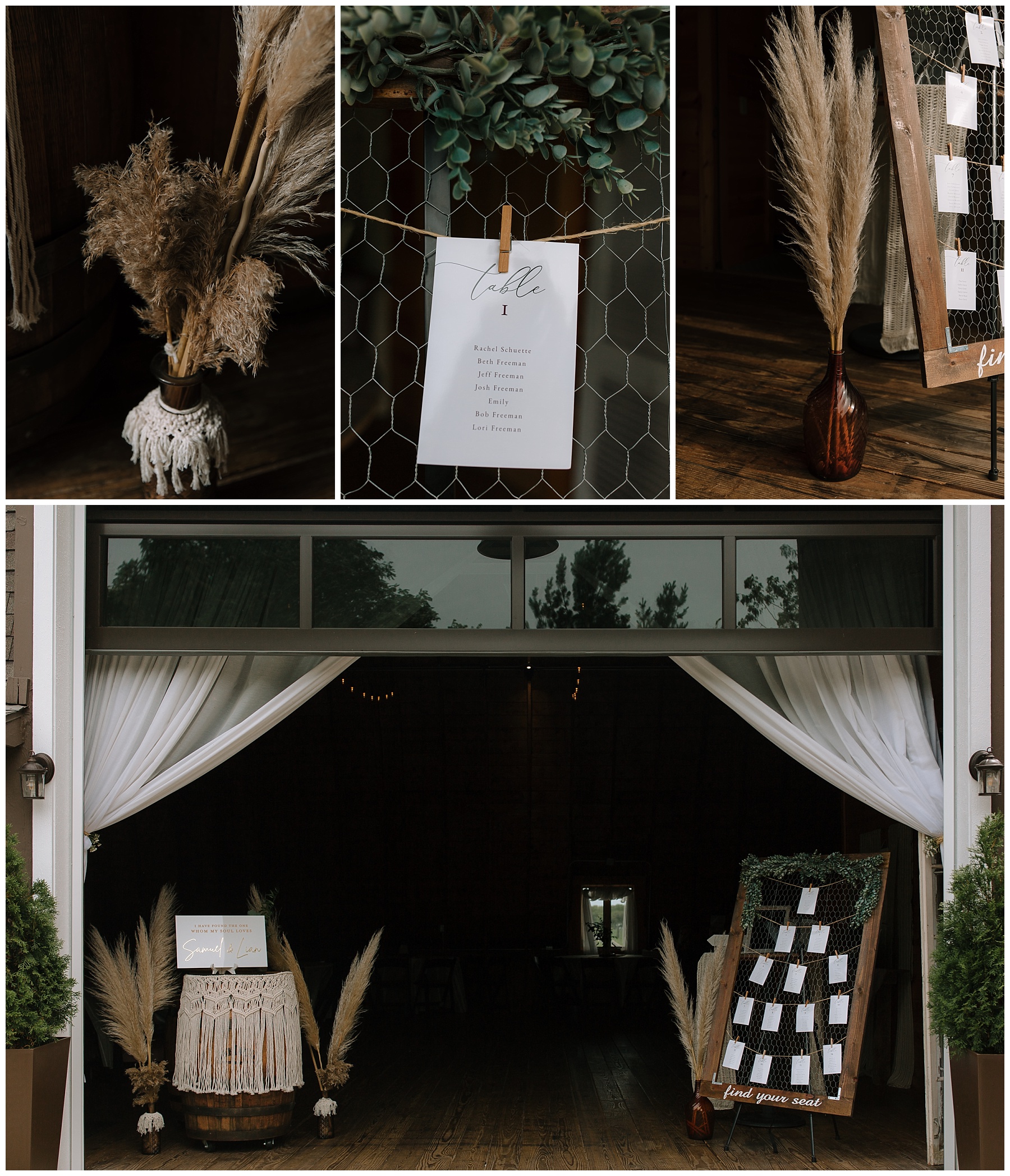 Professional photos of bohemian wedding details at a Wisconsin wedding. There is brown pampas grass in amber glass vases with macramé, a wedding seating chart with greenery, and a barrel wrapped in macramé.