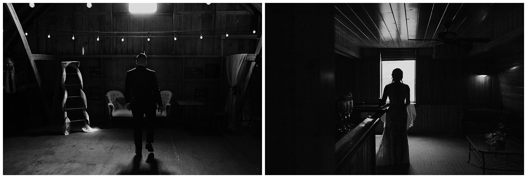 Bride and groom black and white silhouettes moments before their first look