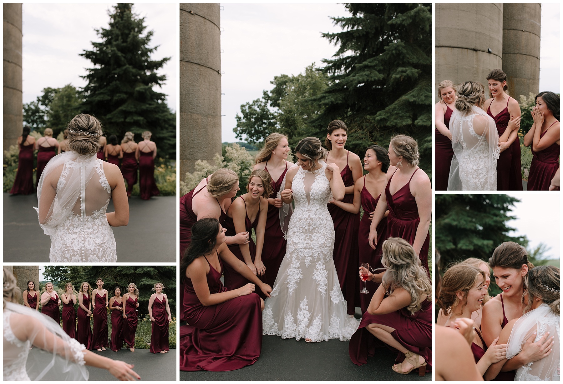 Bridesmaid first look with the bride. Bridesmaids are wearing burgundy full lenght dresses with spaghetti straps as they hug the bride. Bride is wearing a fitted lace mermaid gown from Amlishan bridal.