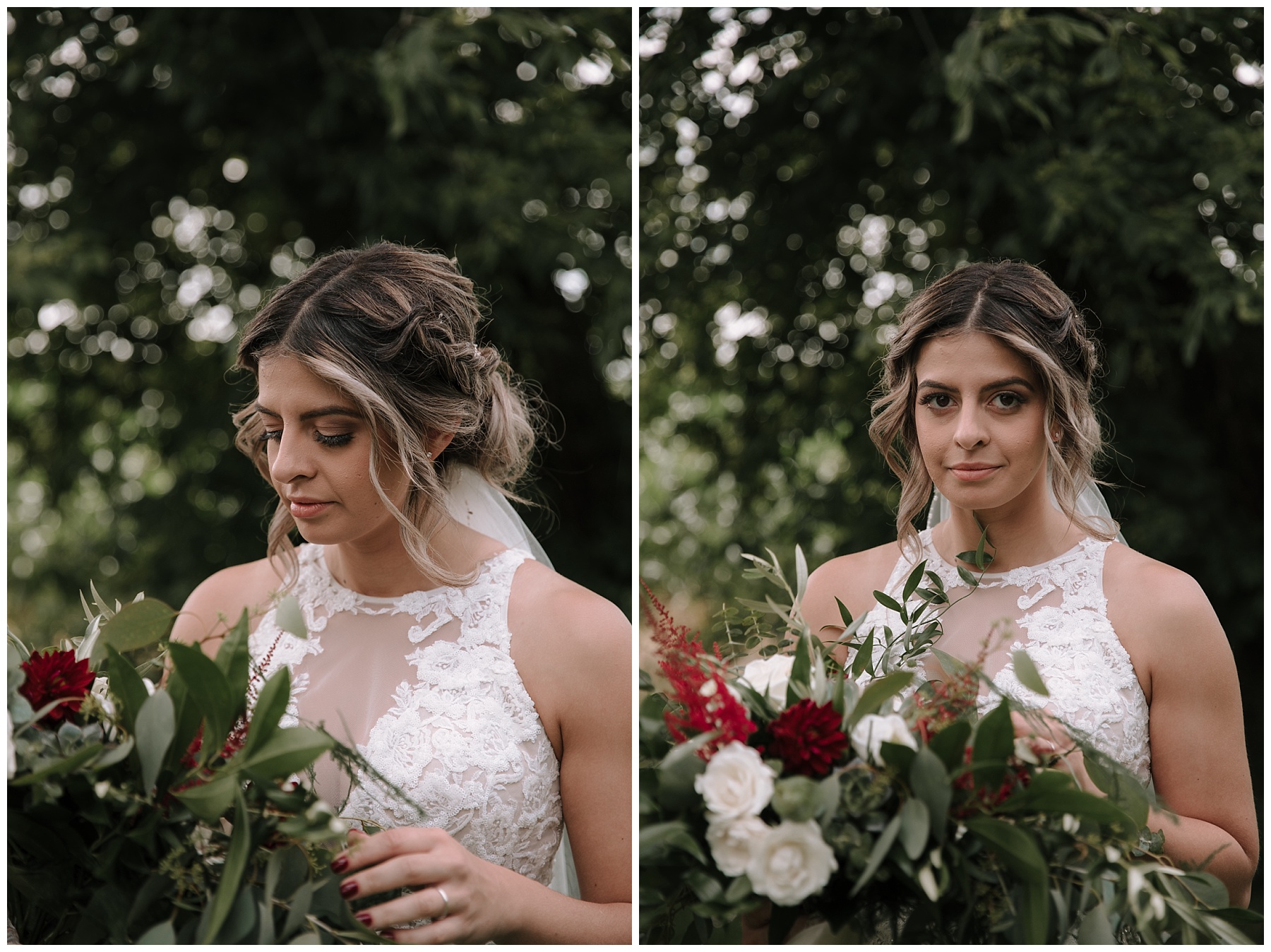 Bride admiring her flowers