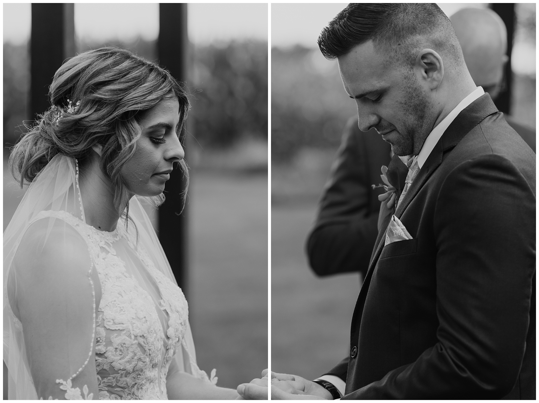 Black and white pictures of couple holding hands at ceremony