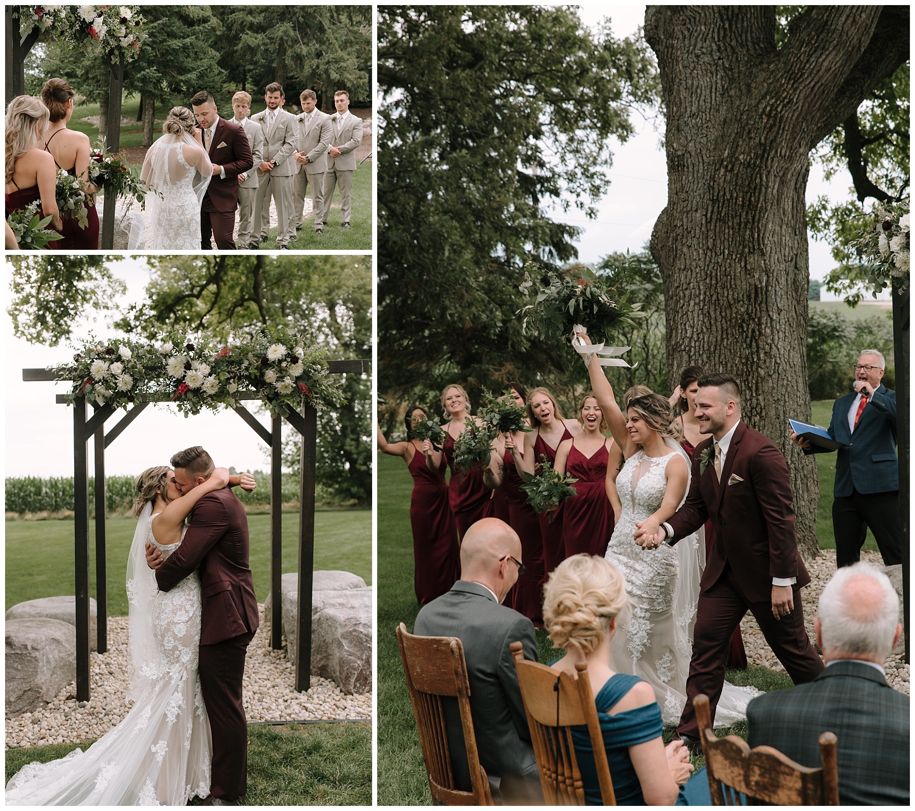Boho wedding day in wisconsin as bride cheers walking down the aisle