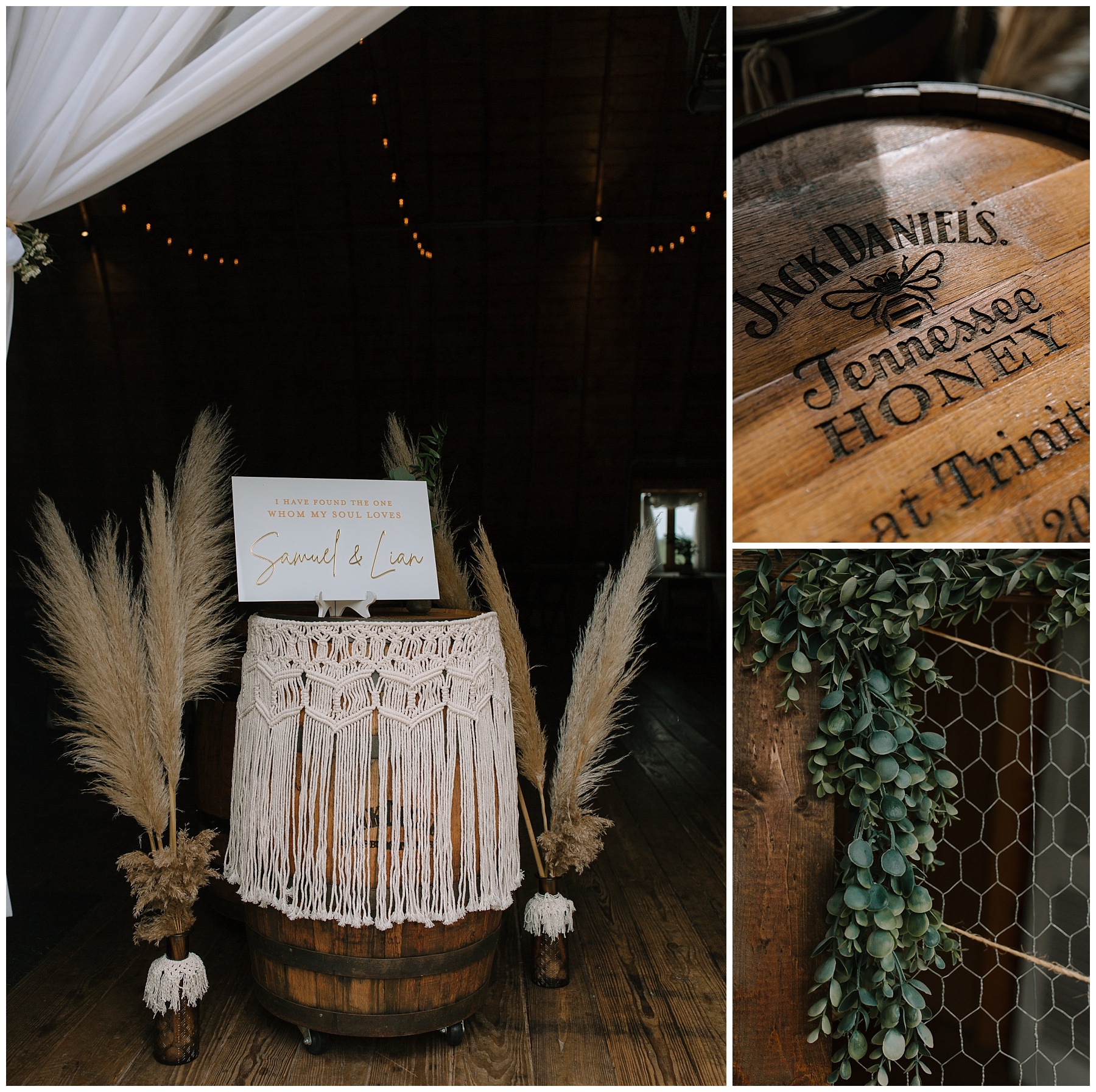 Detail photographs of a bohemian Wisconsin wedding. Tan pampas grass, a Jack Daniels honey whiskey barrel wrapped in macramé, greeenry on chicken wire.