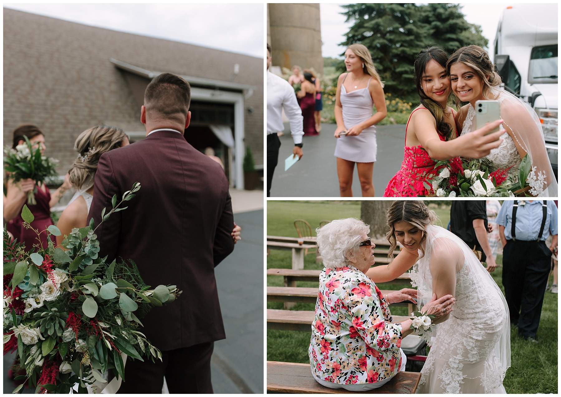 documentary photographer pictures of bride hugging grandma and her groom