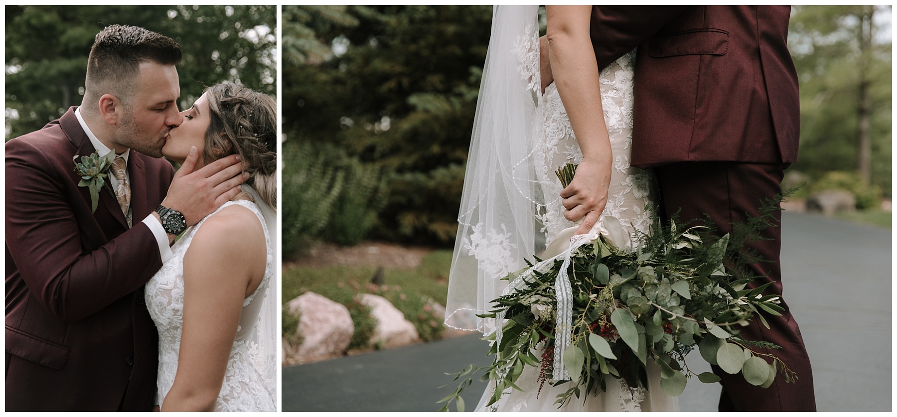 Lace veil and greenery bouquet in Oconomowoc