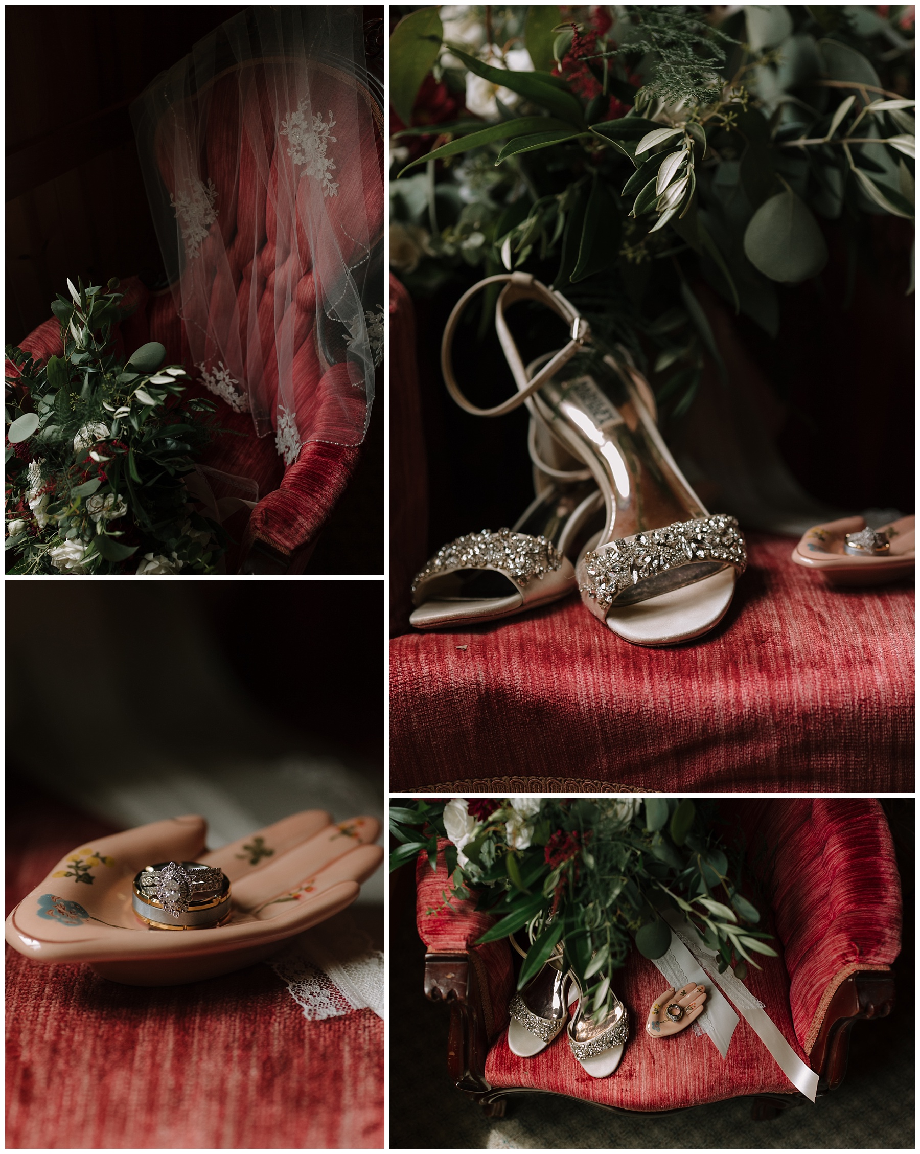 Wedding detail photographs of the bride. Large Sage Floral LLC bouquets sit in a chair with a veil draped over the back. Beaded shoes on the chair. Ring holder is a bohemian ceramic hand painted with florals. Framing is moody.