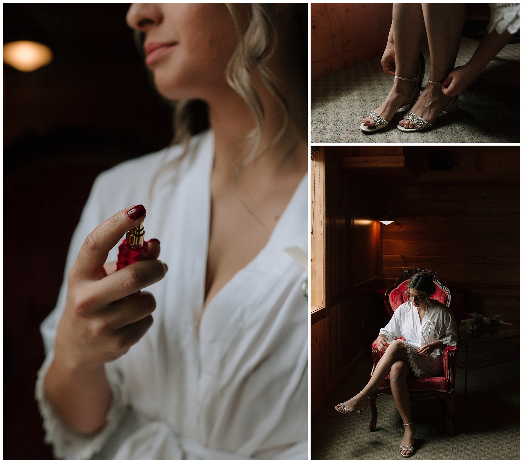Luxury wedding photos of a Wisconsin Bride putting on Valentino perfume before her wedding. She sits in a red chair in the window as she slides on her beaded wedding heels.