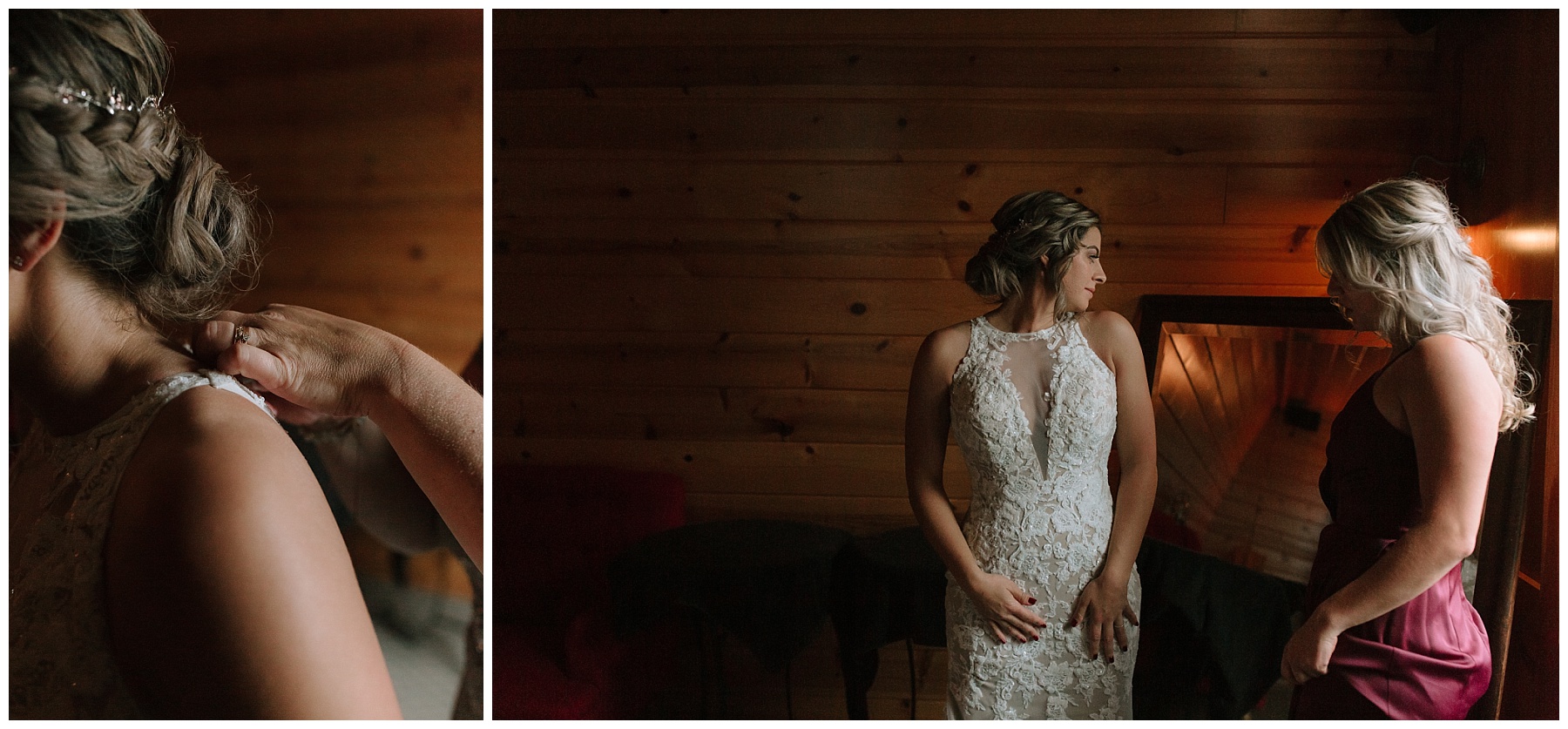 Bride's mom's hands buttoning up wedding dress.

Bride looking at herself in the mirror in her dress.