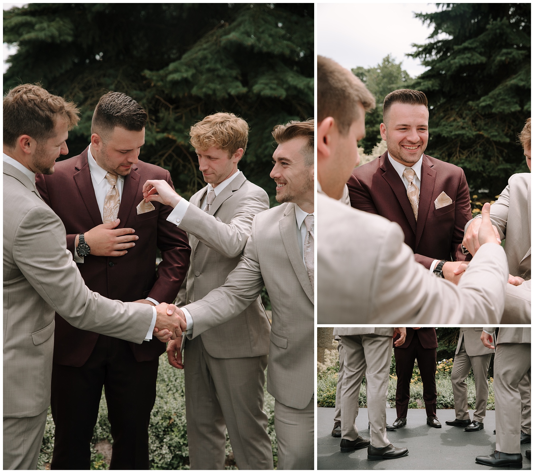 Groomsmen congratulate the groom before his wedding. Groom is wearing burgundy suit with retro cream paisley tie and white button up.