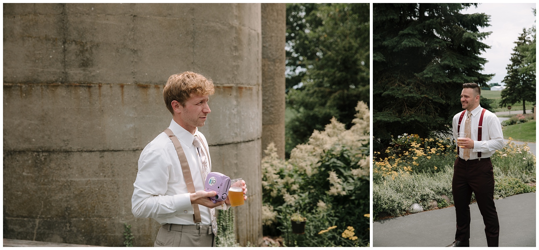Groomsmen taking a polaroid of the groom with a drink in his hand