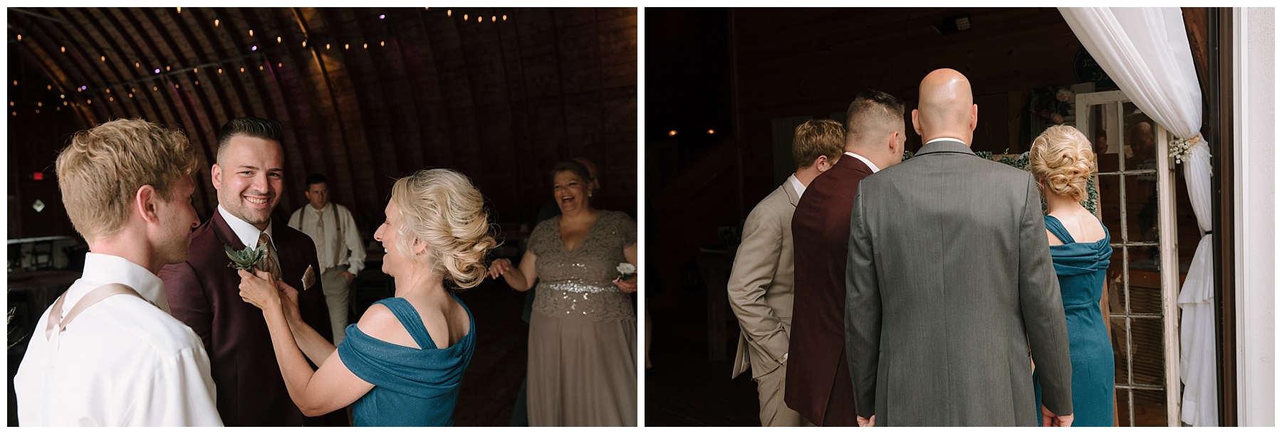 Mom pinning boutonniere on groom