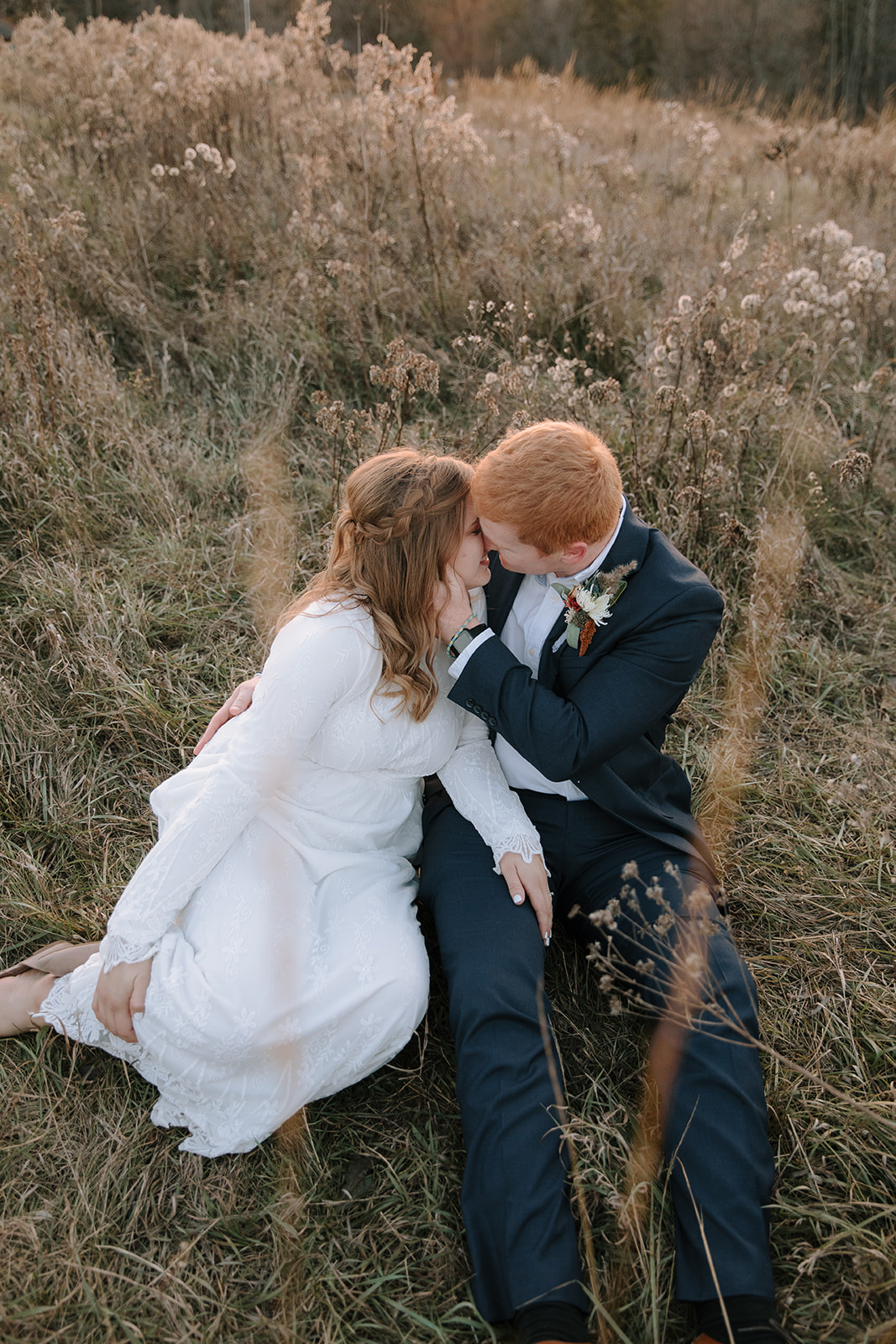 Romantic photo of a bride and groom in an open field - Photo to Print