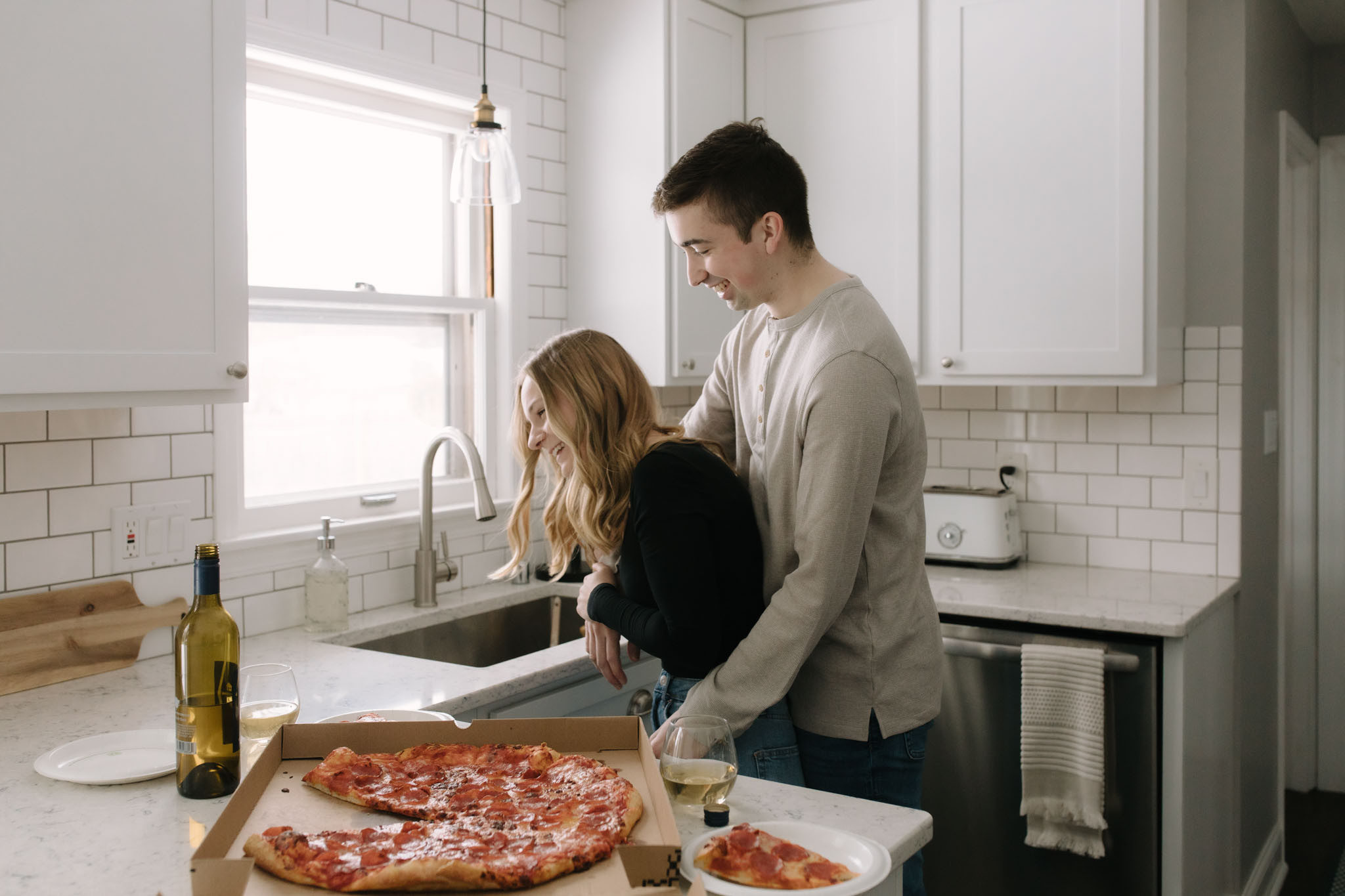 New home photoshoot date day with pizza and wine