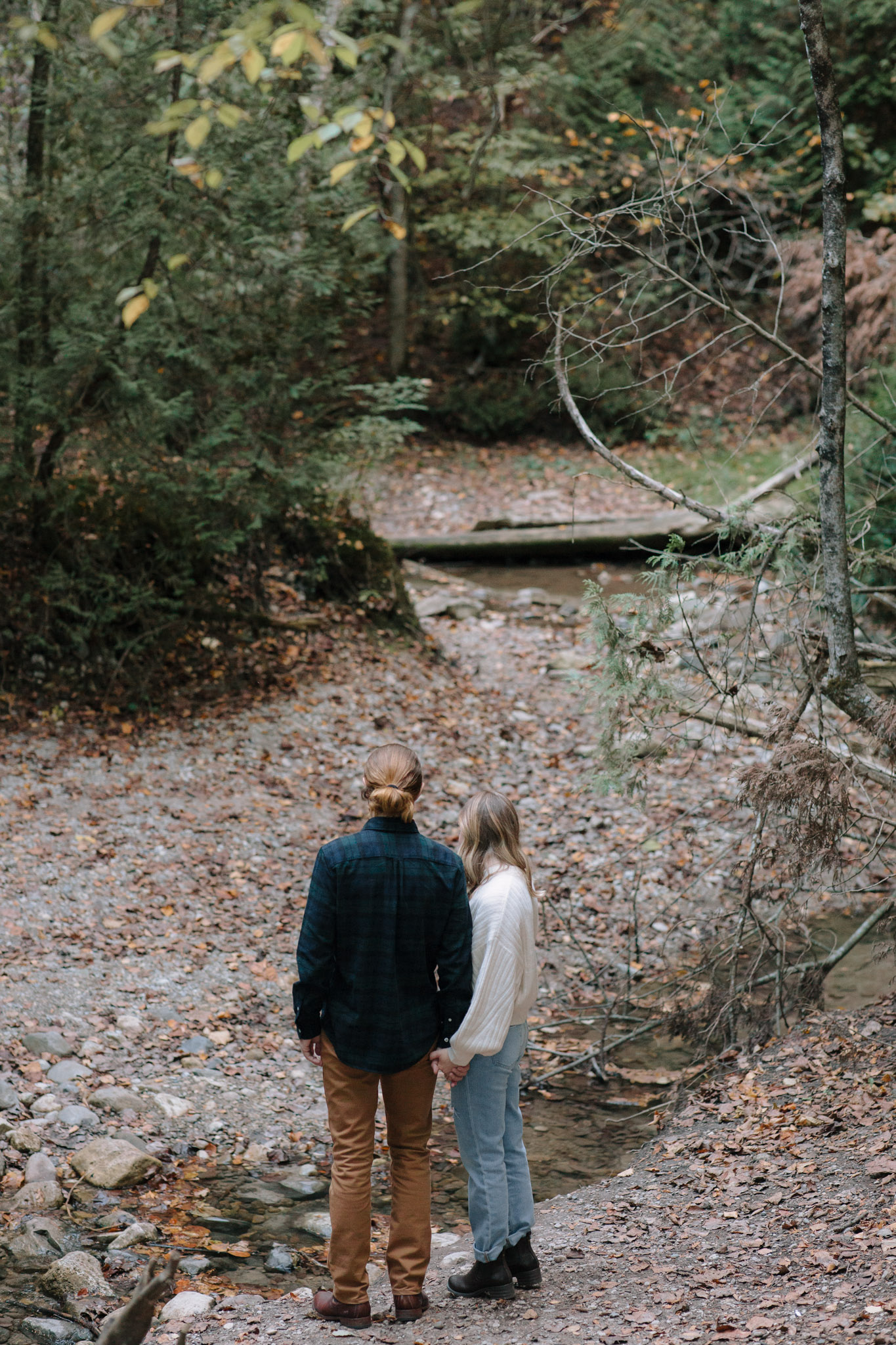 Moody dramatic candid engagement picture - couple holding hands in scenic spot