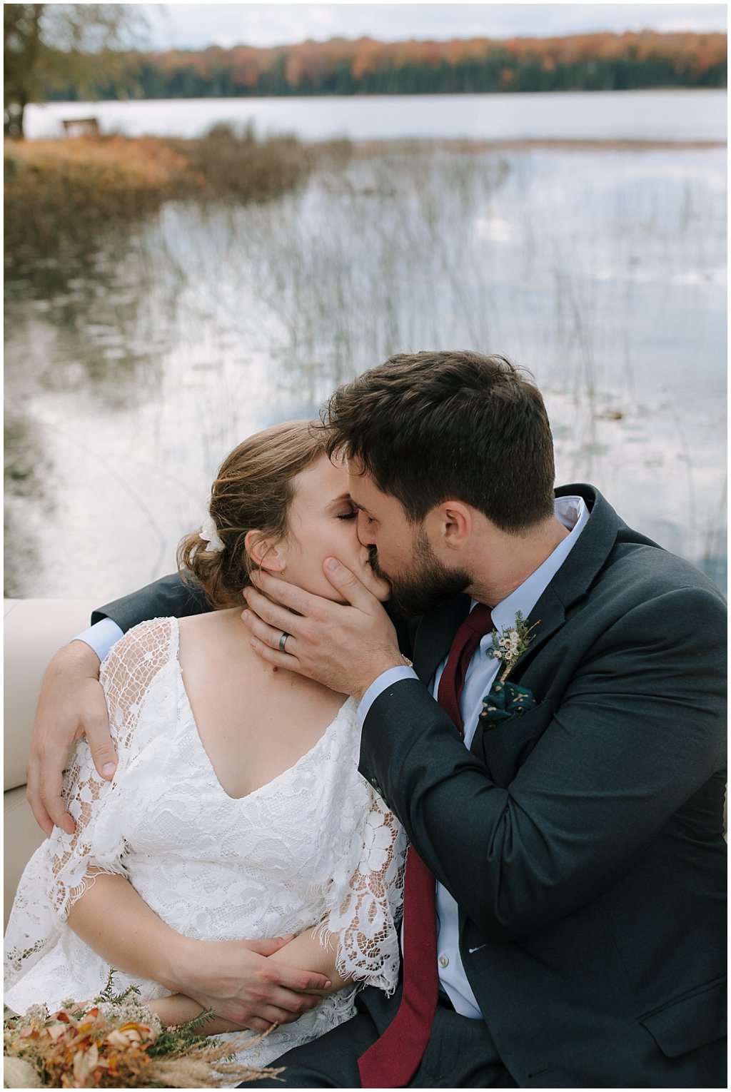 Couples wedding photos - unique camp wedding inspiration in Northwoods of Wisconsin on lake