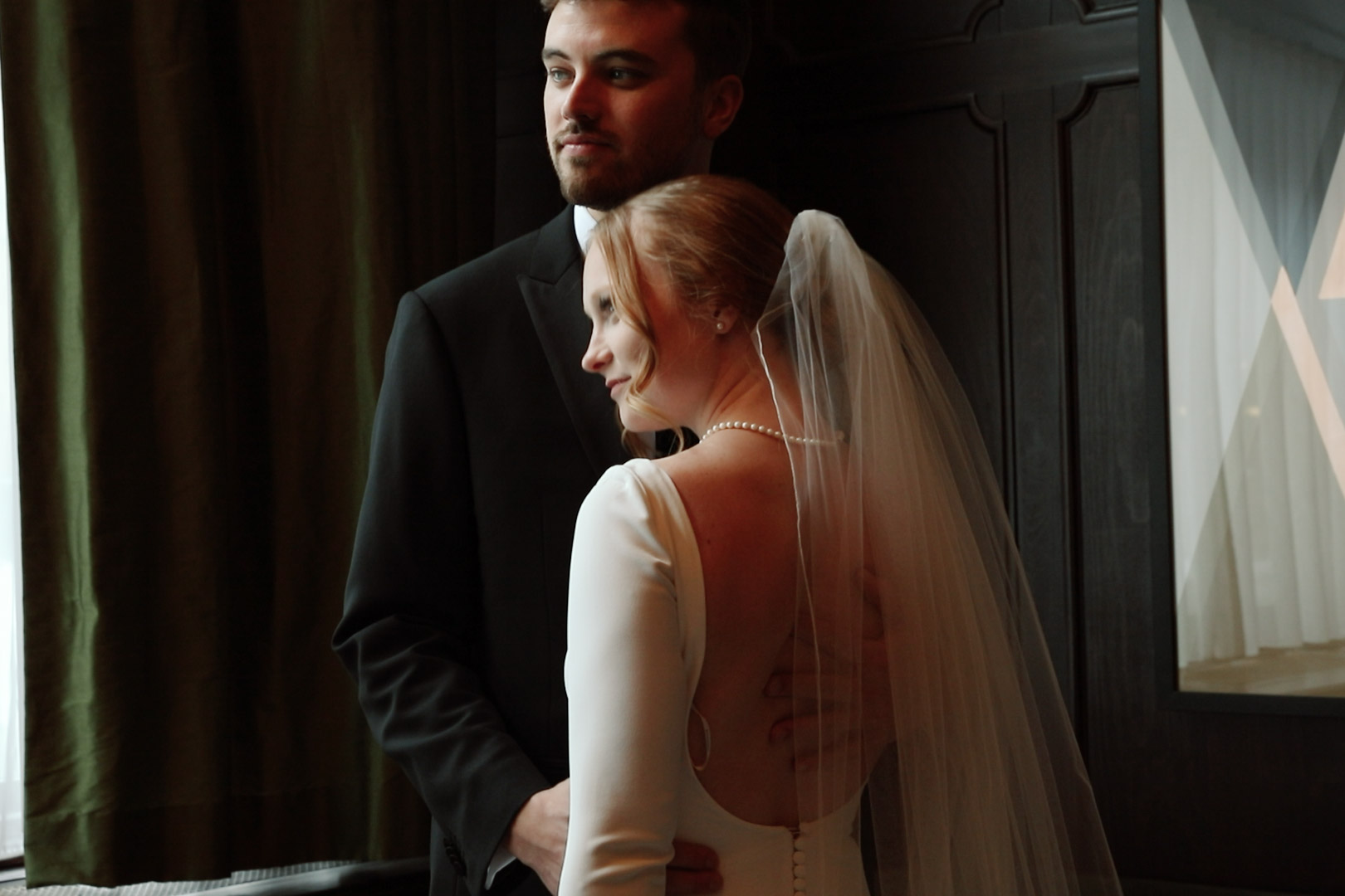 Moody image of a bride and groom before their wedding at Hotel Northland
