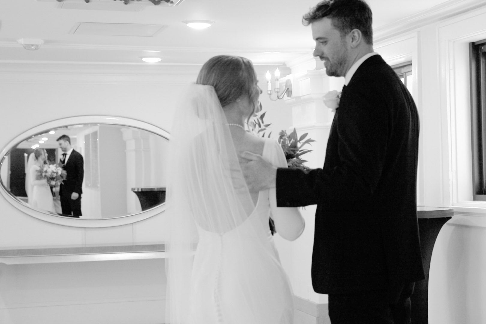 Reflection of bride and groom in a mirror