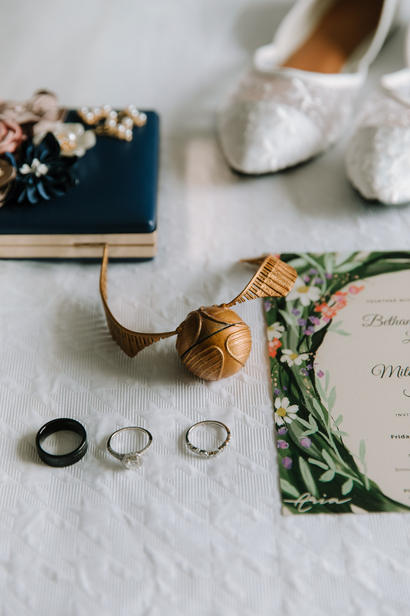 Golden snitch 3D printed ring box - Wedding flatlays - Hilton Homewood Suites - Wauwatosa