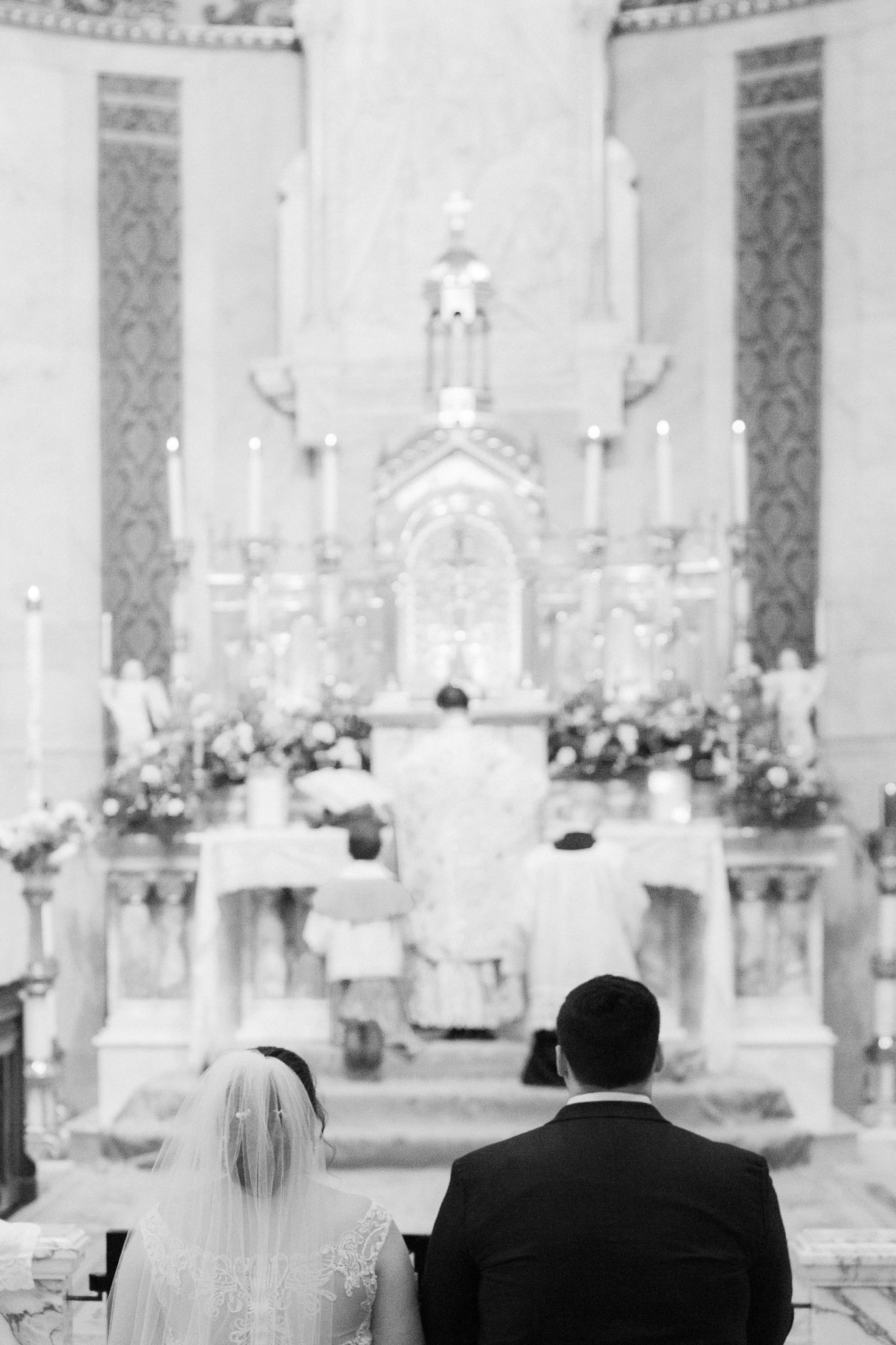 Black and white fine art photo of a wedding at St Stanislaus