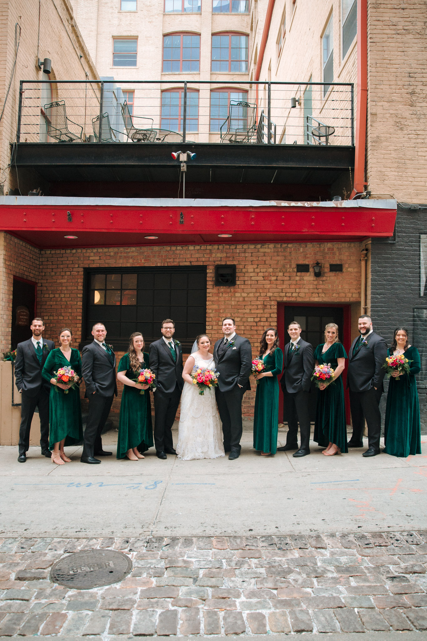 Wedding party  outside of Pabst Theatre for wedding pictures