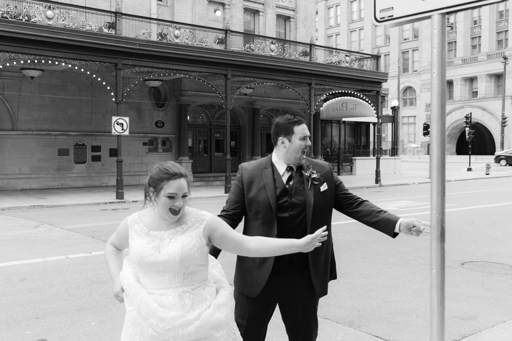 Wedding party  outside of Pabst Theatre for wedding pictures