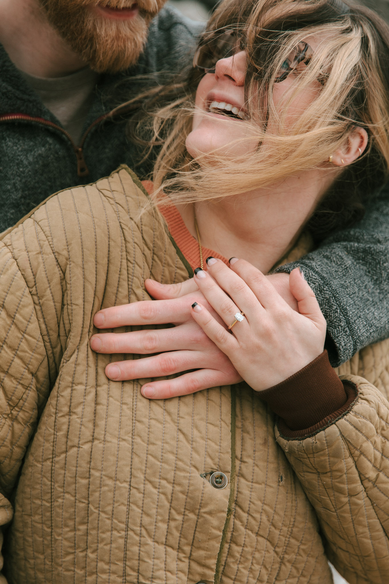 Radiant cut diamond ring with gold band - Klode Park Milwaukee Wisconsin Lake Engagement - Proposal photographer