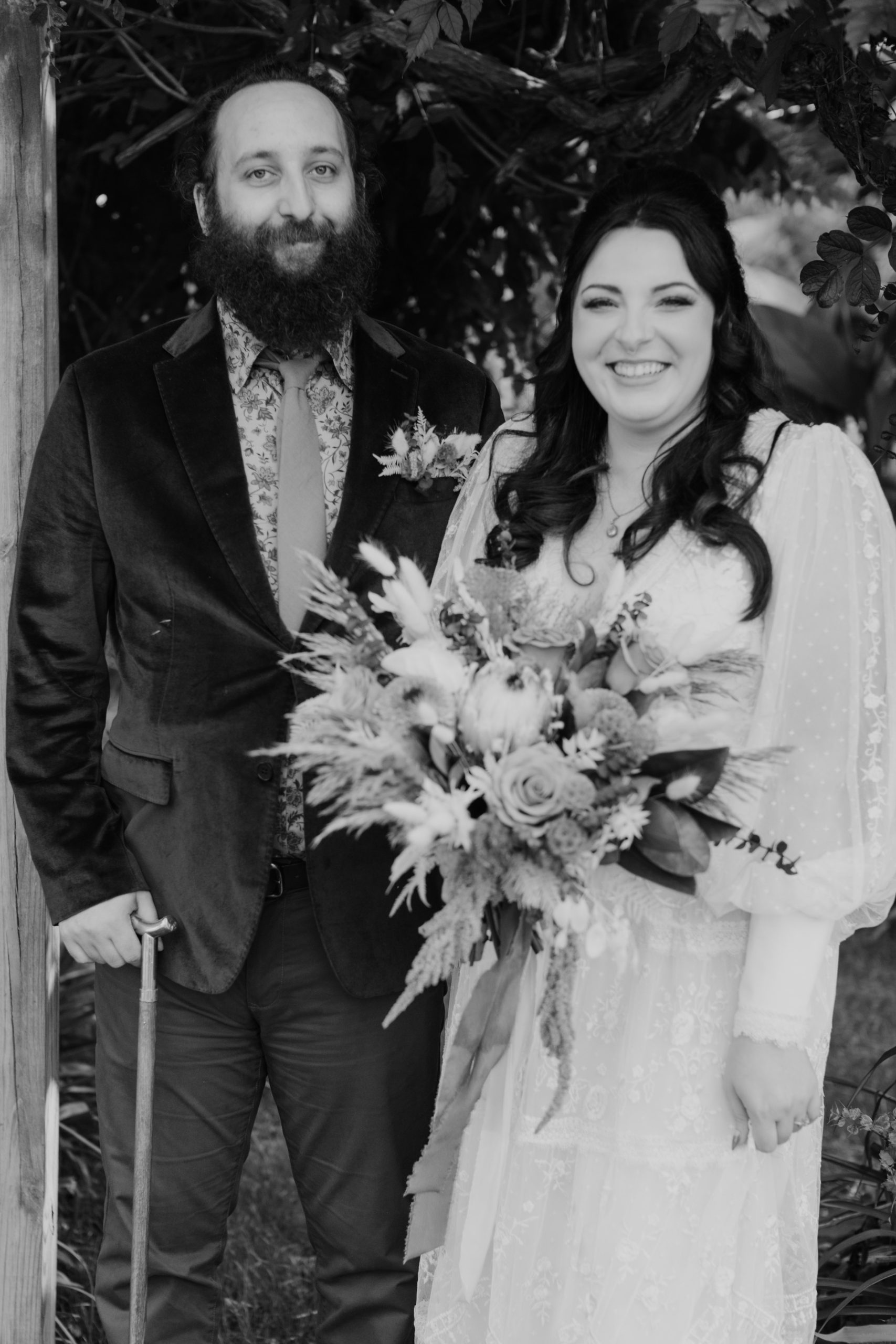 Timeless black and white photo of a couple on their wedding day